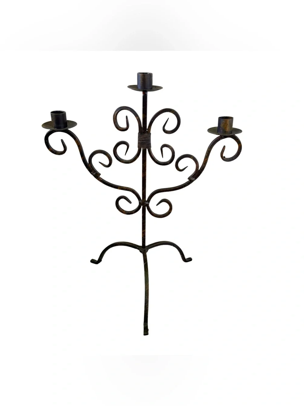 Vintage Wrought Iron Candelabra 3 Candle Holders Heavy Black Gothic Rustic